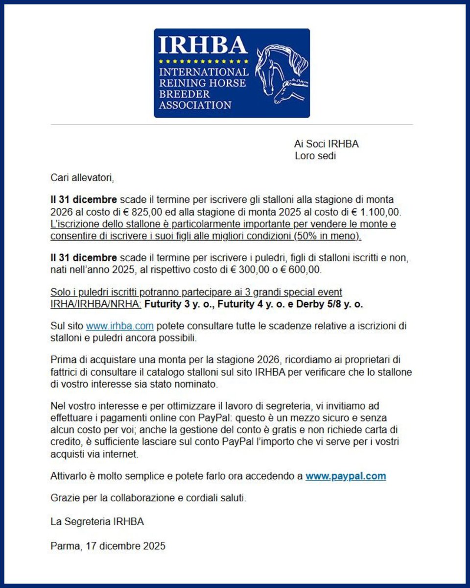 irhareining's tweet image. ⏰ 𝗗𝗘𝗔𝗗𝗟𝗜𝗡𝗘 𝟯𝟭 𝗗𝗜𝗖𝗘𝗠𝗕𝗥𝗘
🔹 𝘀𝘁𝗮𝗹𝗹𝗼𝗻𝗶 2025-2026
🔹 𝗽𝘂𝗹𝗲𝗱𝗿𝗶 2025

🏆 𝗦𝗼𝗹𝗼 𝗽𝘂𝗹𝗲𝗱𝗿𝗶 𝗶𝘀𝗰𝗿𝗶𝘁𝘁𝗶 accedono a 𝘚𝘱𝘦𝘤𝘪𝘢𝘭 𝘌𝘷𝘦𝘯𝘵 𝘐𝘙𝘏𝘈-𝘐𝘙𝘏𝘉𝘈-𝘕𝘙𝘏𝘈

👇👇👇
irha.it/it/news/irhba-…

#Reining #ItalianReining #IrhaReining