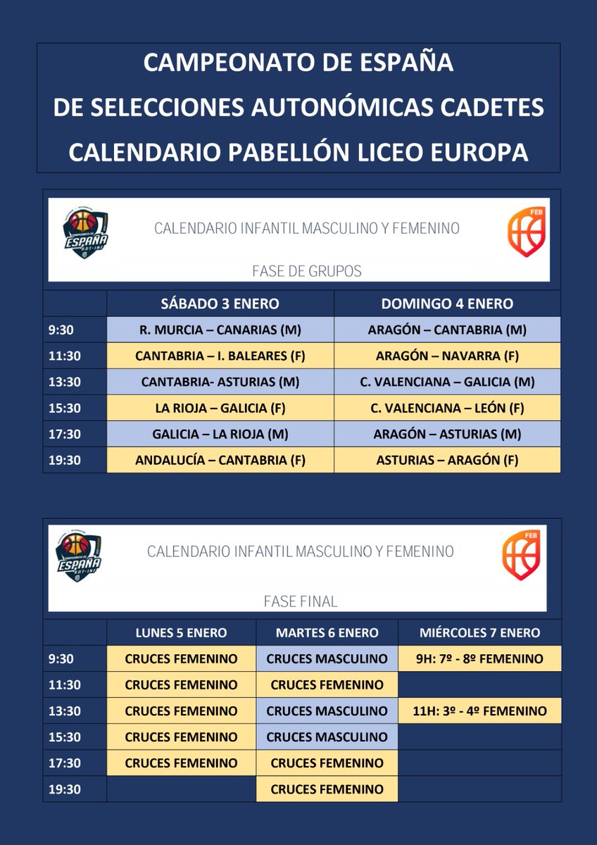 Del 3 al 7 de Enero se celebrará en el Pabellón del Colegio el Campeonato de España de Selecciones Autonómicas Cadetes. 

Les dejamos el horario de la fase de grupos y de la fase final. 

La entrada será libre.