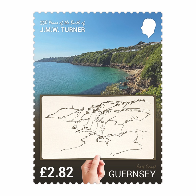 One of J.M.W. Turner’s sketches of #Guernsey was a view of the east coast towards St Martin’s Point, with the Doyle Monument - raised to commemorate Sir John Doyle who served as the island’s Lieutenant Governor during the Napoleonic Wars - in the distance #stamps  #artist #art