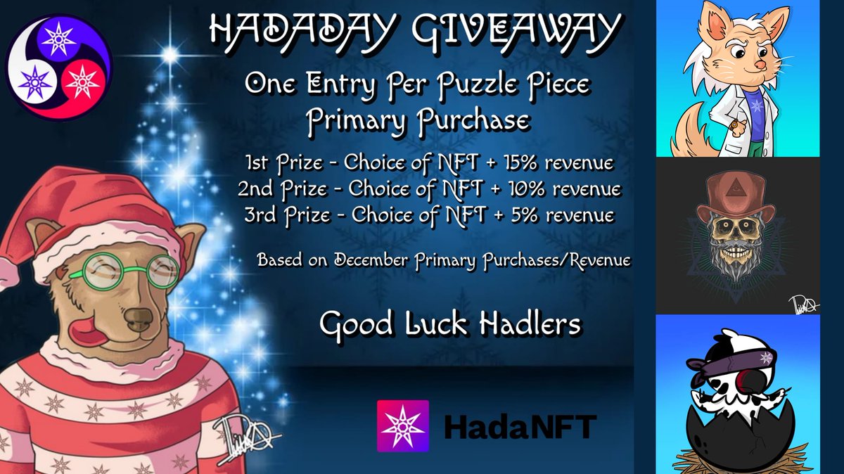 HadaNFT's tweet photo. 75 random 🧩 sold so far this month 😁

Current prize pool for the next HadaDay #Giveaway is 50M $HADA 🥳 + 3 #NFTs

3 winners announced next #HadaDay

1 entry = 1 random 🧩 = 1M #HADA 👇

https://t.co/23IgsL8yCo https://t.co/3t16FjF2pi