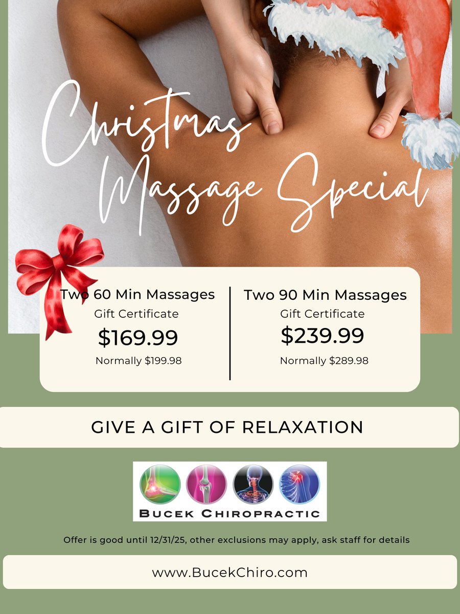 BucekChiro's tweet photo. Happy Holiday! Last min gift? Check out our Christmas Massage Special from now until 12/31/25. Get 2-60 min massage gift certificates for $169.99 and/ or 2- 90 min massage gift certificates for $239.99! Purchase in-person or over the phone 331-248-5777. https://t.co/rT6KNnD8xL