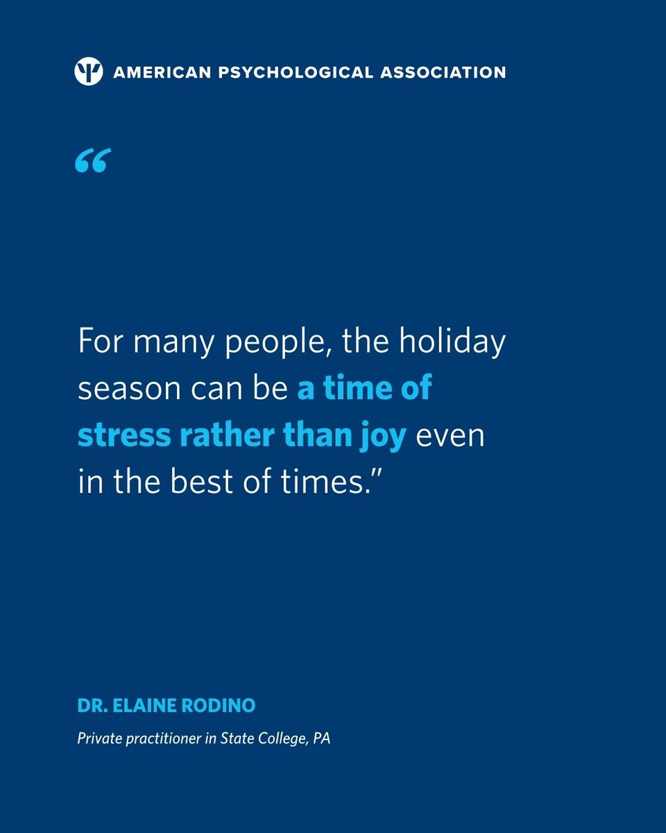 APA's tweet photo. The holidays can stir up more stress than cheer for many people. Giving yourself permission to set boundaries, slow down, and celebrate in ways that actually feel good can make the season lighter. Learn more here: https://t.co/koiyLeOjY1 #psychology #holidays #mentalhealth https://t.co/iwcLsEeSDS