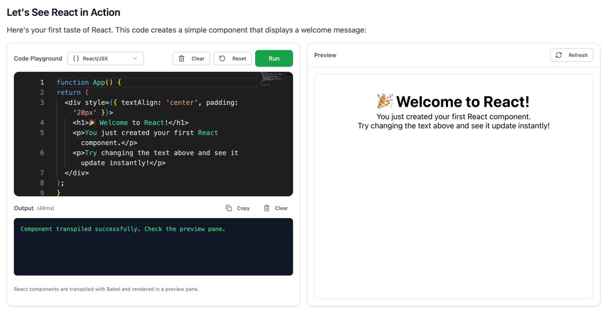 KodeblocApps's tweet image. Building something new? Now you can do it right on Kodebloc!

We’re excited to launch our new interactive compiler. Write React code, experiment with JSX, and see your changes live instantly—no setup required. 💻✨

Try it out: 👉 kodebloc.com/compiler

#ReactJS #WebDevelopment