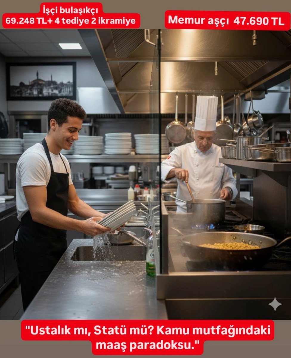 "Aynı mutfak, farklı adalet! 👨‍🍳🧼

📍 Memur Aşçı (Sorumlu/Usta):47.690 TL

📍 İşçi  Bulaşıkçı :69.000 TL yılda 4 Tediye + 2 İkramiye

Ustalık ve sorumluluk ödüllendirileceğine cezalandırılıyor mu? 

Kamu mutfaklarında çalışma barışı bu maaş uçurumuyla nasıl sağlanacak?