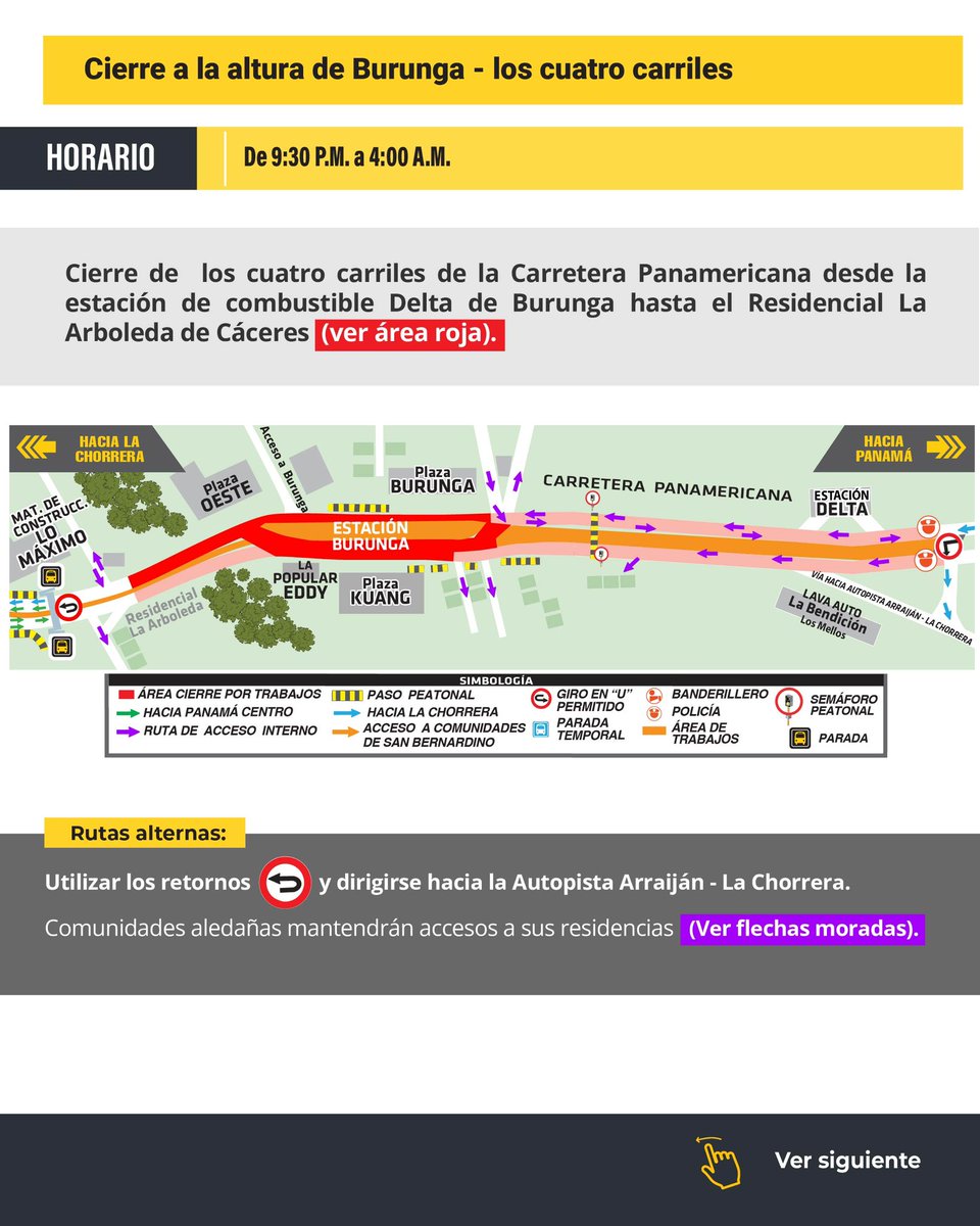 #MetroInforma

Hasta finalizar el año, se mantienen cierres por trabajos en la Carretera Panamericana en los siguientes puntos:

📍 Arraiján Cabecera
➡️ Cierre en sentido hacia La Chorrera.

📍 Burunga
🚫 Cierre de los cuatro carriles.

📍 Vista Alegre
🚫 Cierre de los cuatro