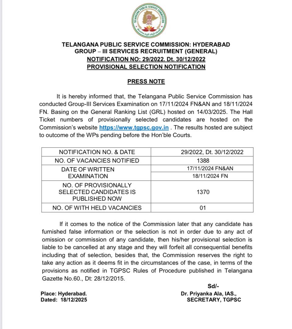 PAINDLAVAMSHI24's tweet photo. #TGPSC Alert! 📢
The #Telangana #Public #Service #Commission has released the provisional selection list for #Group-III Services recruitment. Candidates can now check the results online. #Congratulations to the selected ones!🎓
#GroupIII #TelanganaJobs #Results #TGPSC #Jobs #job https://t.co/VQL07YFizD