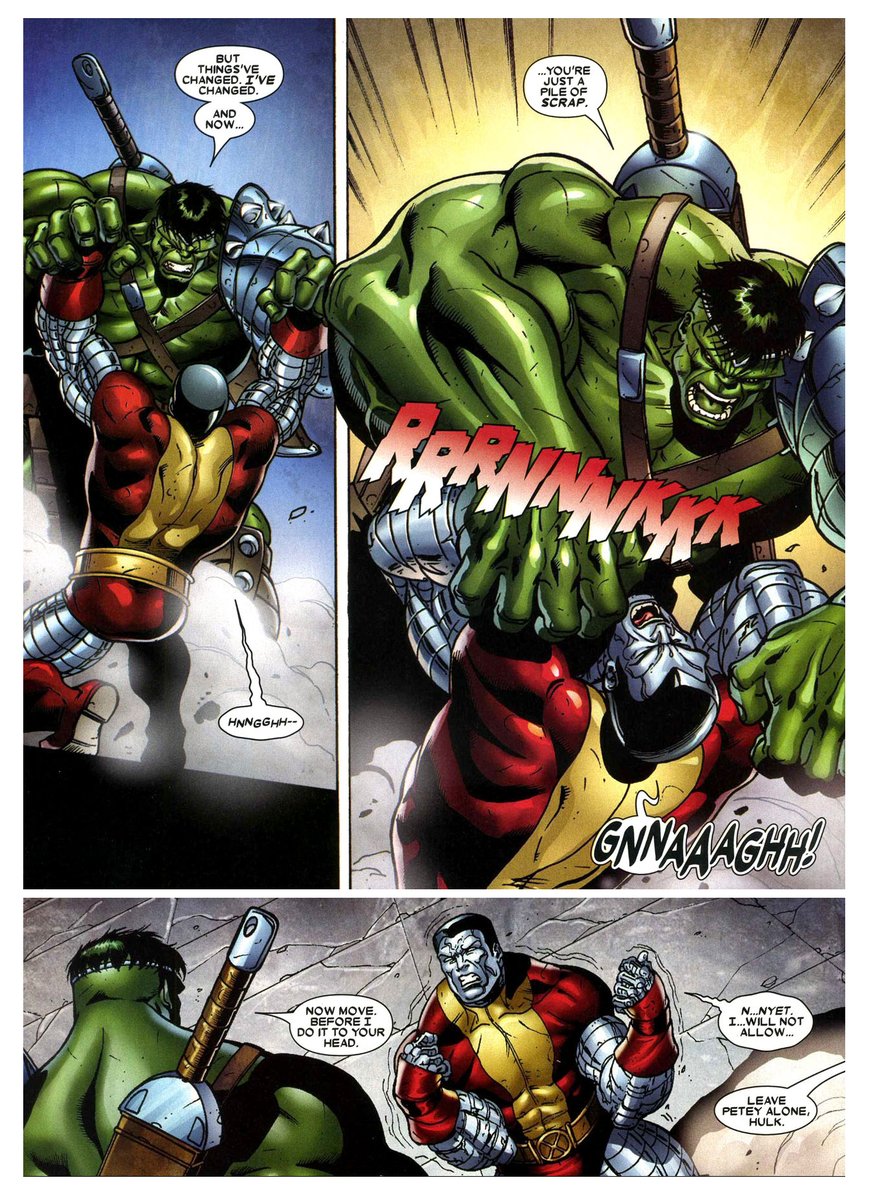 theunclebigshow's tweet photo. Colossus stood against the Hulk to protect Professor Xavier. Hulk respected his courage but proved vastly stronger, overpowering him in a test of strength and bending Colossus’ metal forearms backward until they broke. https://t.co/xruqJSrhrg