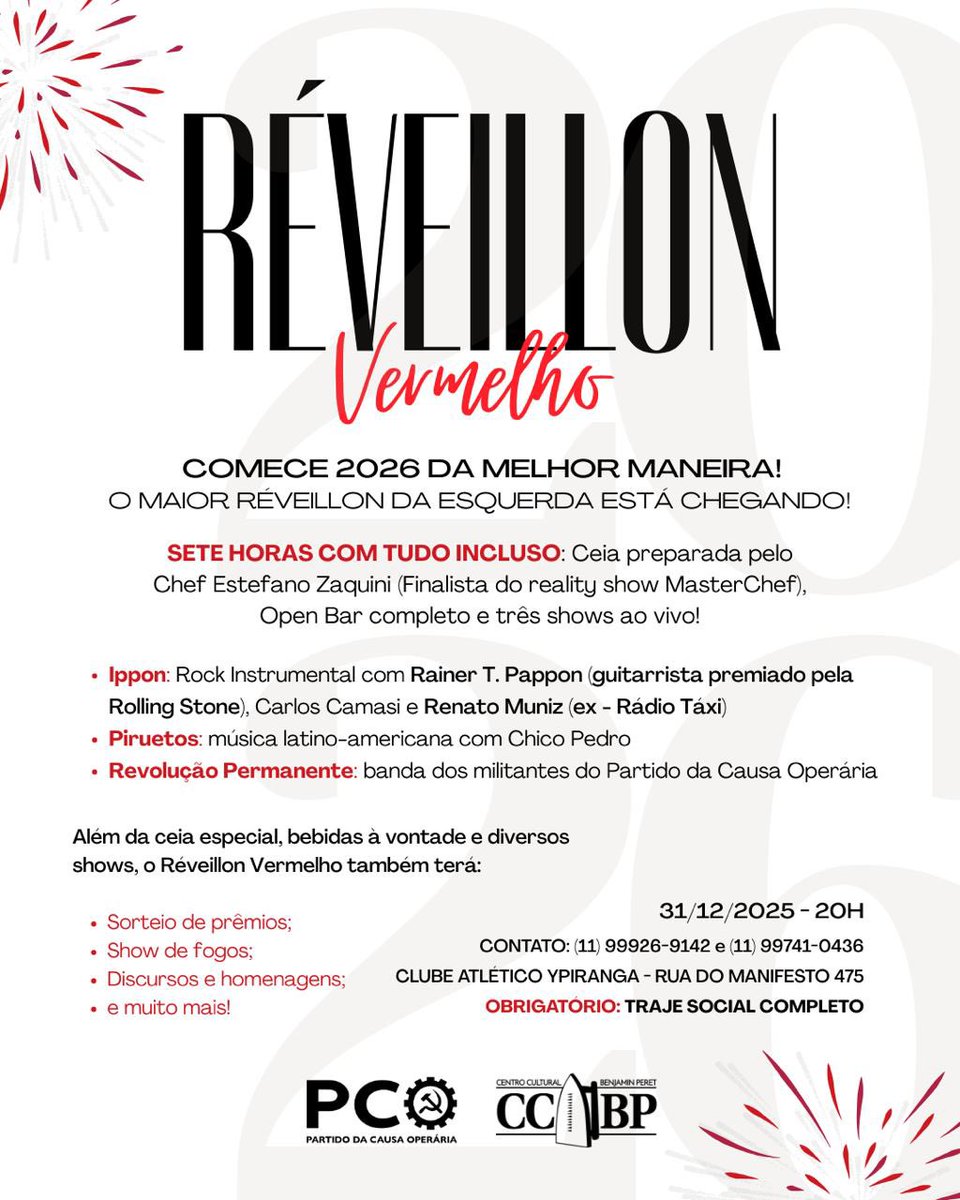 2025 vai ficando para trás… e 2026 começa com história, luta, música, festa e união! 🎆🍾

Venha brindar o novo ano no Réveillon Vermelho — com open bar, ceia especial e atrações imperdíveis!

Entre em contato e participe!