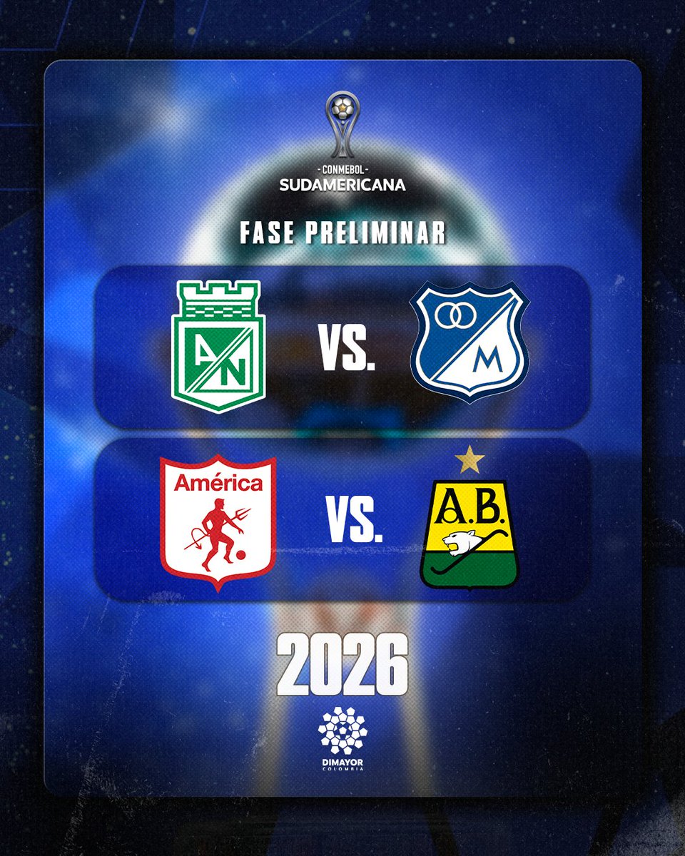 ¡𝗟𝗶𝘀𝘁𝗼𝘀 𝗽𝗮𝗿𝗮 𝗹𝗮 𝗰𝗼𝗺𝗽𝗲𝘁𝗲𝗻𝗰𝗶𝗮 𝗰𝗼𝗻𝘁𝗶𝗻𝗲𝗻𝘁𝗮𝗹! 🙌

Así quedaron los cruces de los equipos colombianos en la Fase Preliminar de la <a href="/Sudamericana/">CONMEBOL Sudamericana</a> 2026 👀

#LoDamosTodo