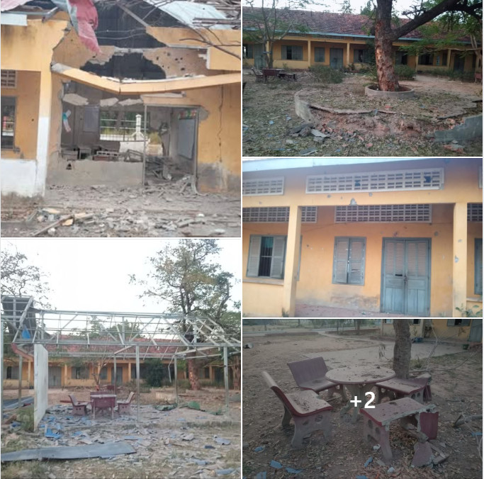 KhmerPost24's tweet image. Cambodia: The Ministry of Education releases photos showing that Banteay Meanrith Primary School in Thma Puok district, Banteay Meanchey Province, has been severely damaged by ongoing Thai attacks.
Photos from the Ministry of Education/Facebook