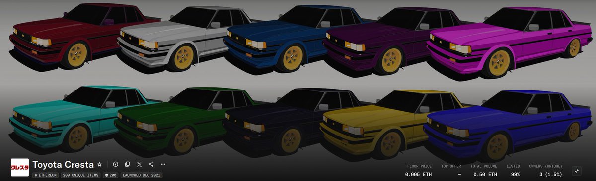 zetaborn's tweet photo. This is more than art. It's about community.
If you love JDM history, classic Toyota engineering, or just beautiful design—you belong here.
Follow along as we release these legends.
Start your garage: https://t.co/avcHIzrqF2
#CarNFTs #NFTForSale #ClassicCars #NFTs #NFTArt https://t.co/1cmqnl9nF6