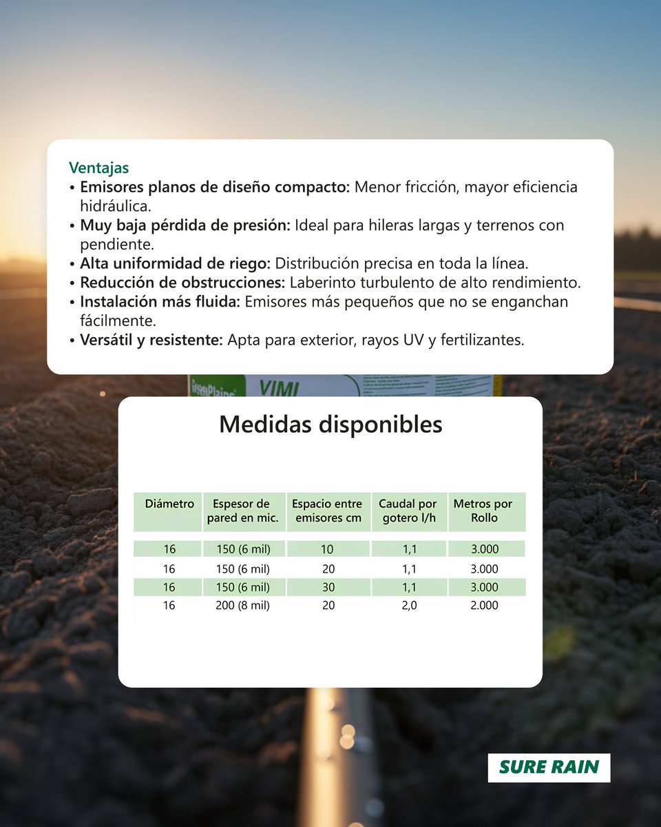 SureRain's tweet image. 💧 ¡Revoluciona tu riego con la Cinta de Goteo VIMI con Gotero Pastilla de @greenplains.cn, exclusiva a través de Sure Rain! 💧

 Representantes exclusivos de GreenPlains en Argentina.