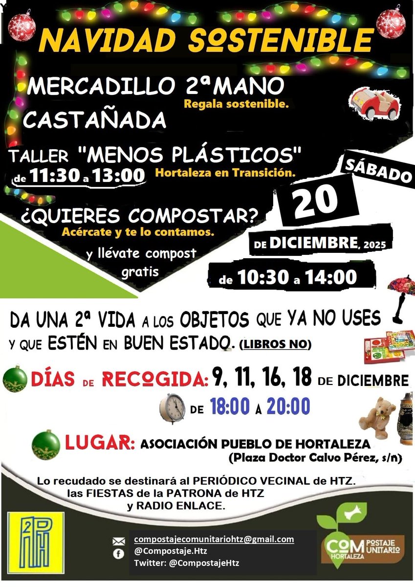 CompostajeHtz's tweet image. 🫴🏼 Esta tarde de 18 a 20h tenemos el último turno de recogida de objetos para el mercadillo
🏷️ Este sábado ven al mercadillo y además disfruta de unas ricas castañas asadas 🌰 y de compost 🪱 
♻️¿Y quieres reducir tu consumo de plástico? ¡Vente al taller de las 11:30!