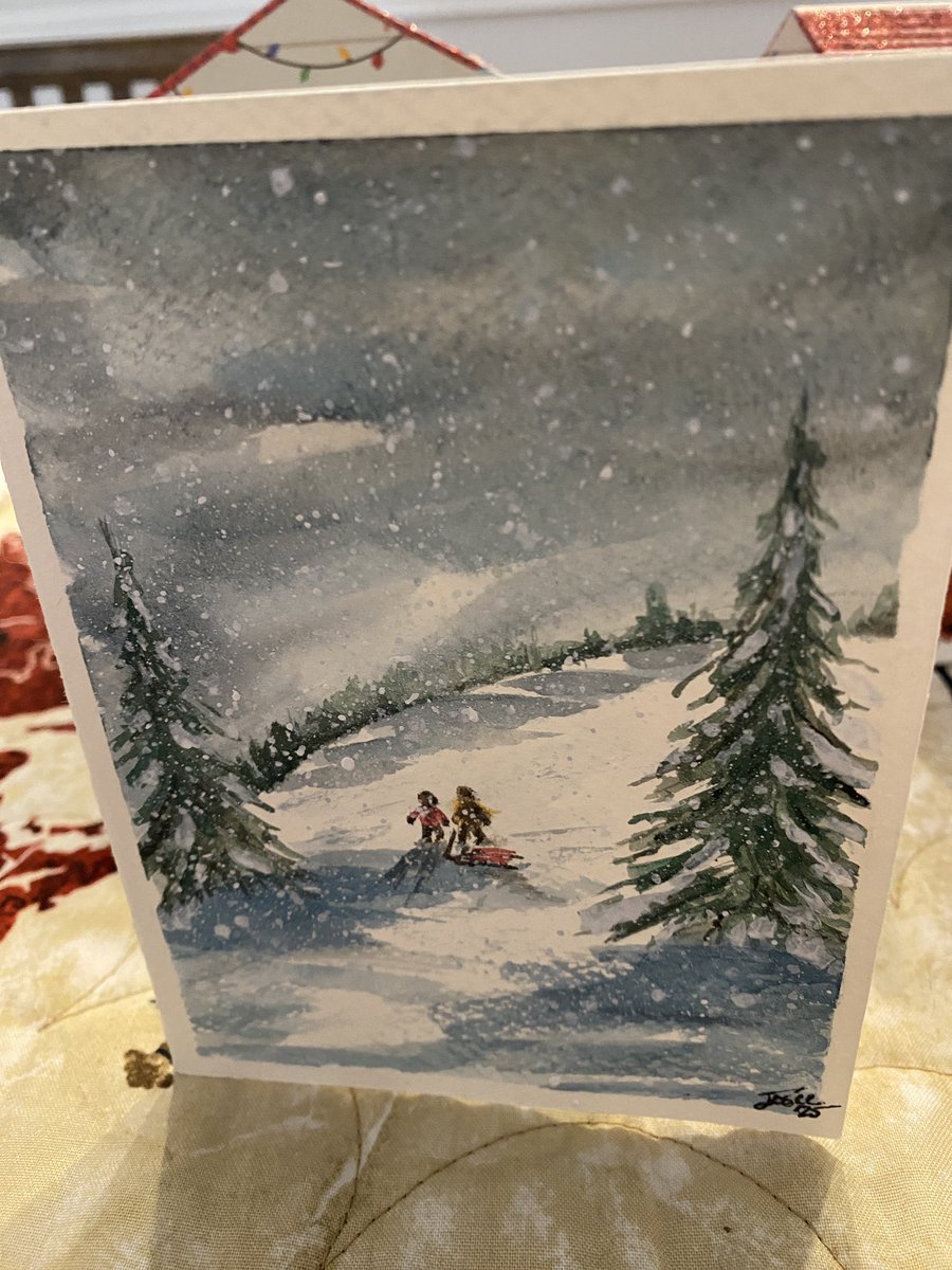Our nephew’s wife hand paints family Christmas cards. I am always excited to open the envelope with the cursive writing. This is her creation for us. Painting snow is not easy but she makes it effortless. Christmas has officially arrived. 👇🏻 #art #Christmas2025 #joy