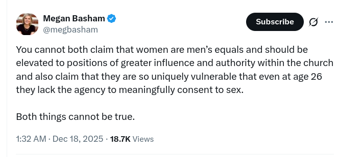 JosiahHawthorne's tweet photo. We're *not* claiming this is a unique vulnerability to women.

A 26 year old *male* seminary student cannot meaningfully consent to a sex with his professor or admin, either, especially if that person had symbolically "adopted" him into her family.

(See also: Becky Falwell.) https://t.co/eGomBCk3QB