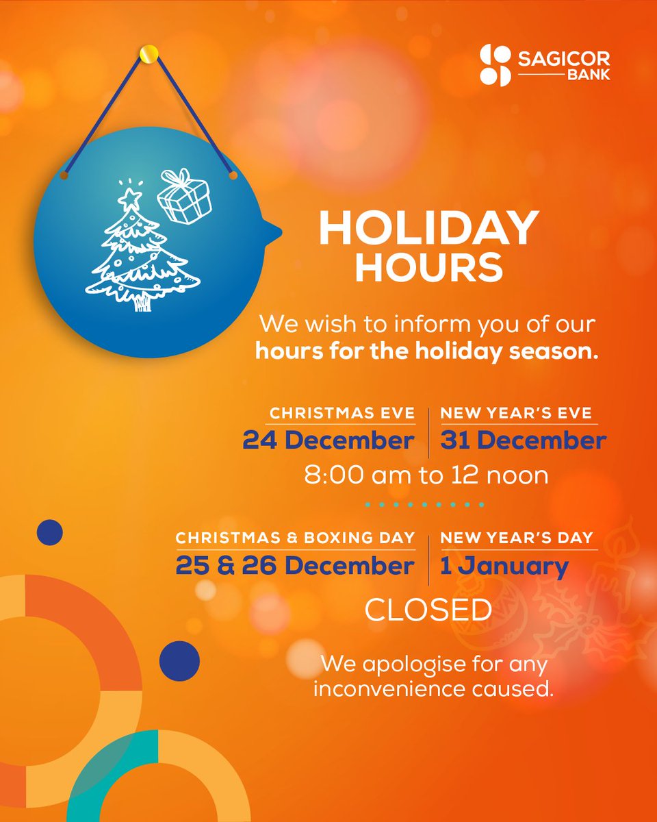 Dear Valued Clients

We wish to inform you of our hours for the holiday season.

• 24 December – 8:00 am – 12 noon  
• 25 December – Closed  
• 26 December – Closed  
• 31 December – 8:00 am – 12 noon  
• 1 January – Closed    

We apologise for any inconvenience caused
