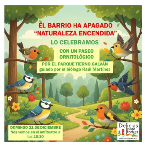 Ven al Paseo Ornitológico por el Parque Enrique Tierno Galván que hemos preparado con el Biólogo Raúl Martínez.
Celebremos que, el espectáculo que utilizaba el Parque de modo privado y alquilada por este ayuntamiento, es solo un mal sueño, Y que la lucha ciudadana puede triunfar
