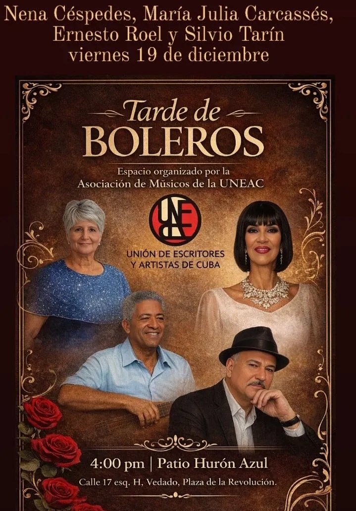 Mañana, 19 de diciembre, "Tarde de Boleros" en el Patio Hurón Azul de la UNEAC. <a href="/UNEAC_online/">UNEAC</a>