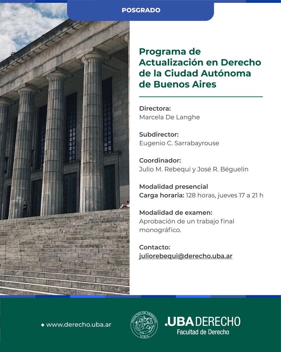 Lanzamiento del PROGRAMA DE ACTUALIZACIÓN EN DERECHO DE LA CIUDAD AUTÓNOMA DE BUENOS AIRES, dirigido por la Dra. Marcela De Langhe. La primera edición se llevará a cabo en 2026, de manera presencial y acredita 128 horas. 
Preinscripción: forms.gle/98GMeF577THp9w…