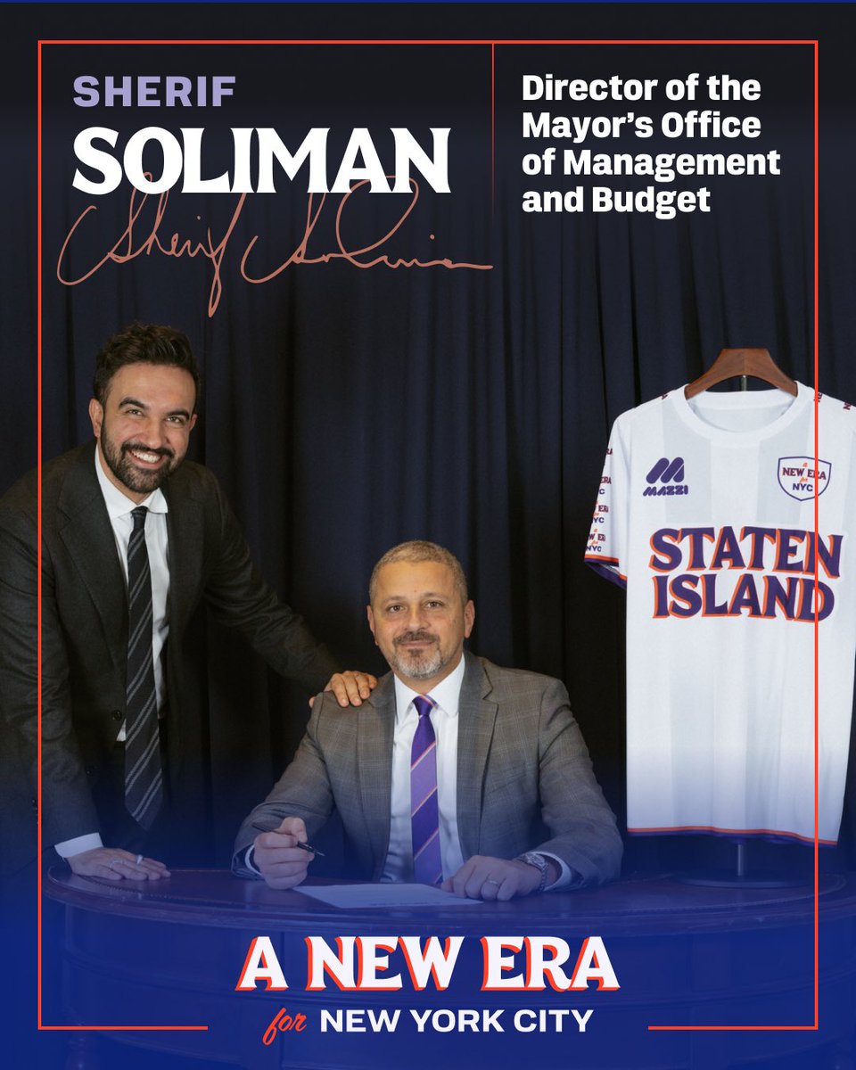 ZohranKMamdani's tweet image. Welcome to A New Era, Sherif Soliman!

Sherif Soliman has nearly 30 years of public service across 3 mayoral administrations, and he's delivered major wins — including reducing CUNY's structural deficit by 79% and securing $1.5 billion for Universal Pre-K. He called Staten Island…