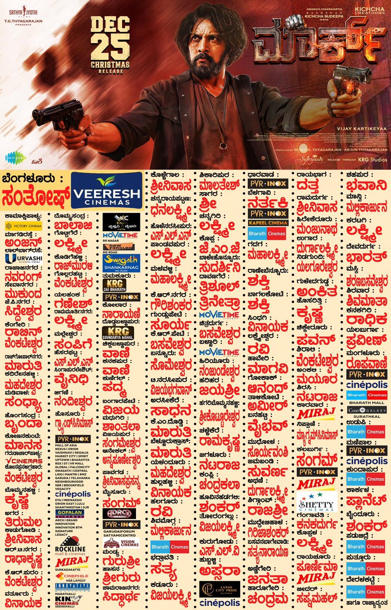 Baadshah has MARK-ed the theatres. 💥
Here's the #MARK second set of theatre list for the newspapers tomorrow! 🔥

Get ready of the high voltage power from Dec 25th 👊
 
#MARKonDec25 #MARKTheFilm

<a href="/KicchaSudeep/">Kichcha Sudeepa</a> <a href="/VKartikeyaa/">VIJAY Kartikeyaa</a> <a href="/AJANEESHB/">B AJANEESH LOKNATH</a> <a href="/gurusoms/">Guru Somasundaram</a> <a href="/Naveenc212/">Actor Naveen Chandra</a> <a href="/iYogiBabu/">Yogi Babu</a>