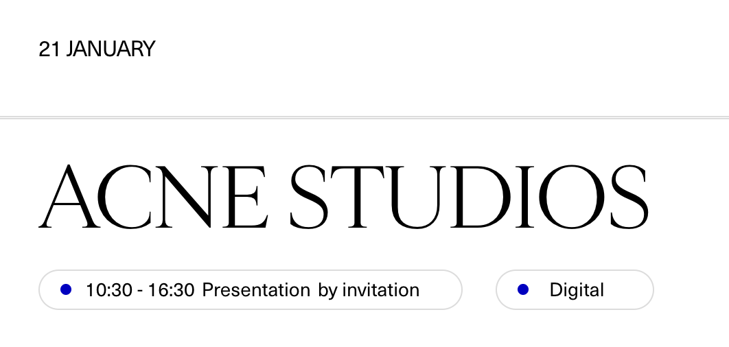 ตาราง pfw menswear fw 26/27 มาละ acne studios โชว์วันที่ 21 ม.ค.และเป็นพรีเซนเทชั่นไม่ใช่รันเวย์โชว์ จอห์นไม่น่าจะไป รอไปรอบ womenswear ต้นมีนา🤲🏻