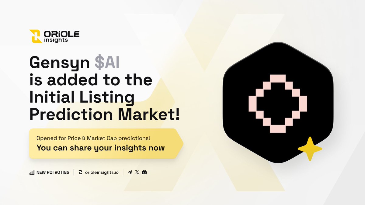 OrioleInsights's tweet image. 🟡 @Gensynai $AI is added to the Initial Listing Prediction Market on @OrioleInsights!

📜 About #Gensyn
The Gensyn Protocol is a layer-1, trustless protocol for deep learning computation that directly rewards supply-side participants for pledging their compute time to the…
