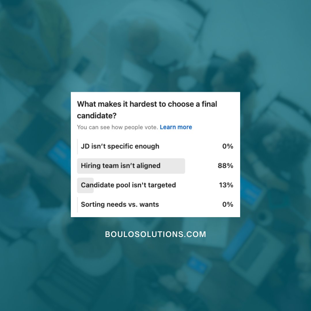 What makes it most challenging to choose a final candidate?

88% said aligning the hiring team.

This reflects how human the process is: different perspectives, priorities, and expectations.

If you want a more aligned and more efficient hiring process, we’d love to help.