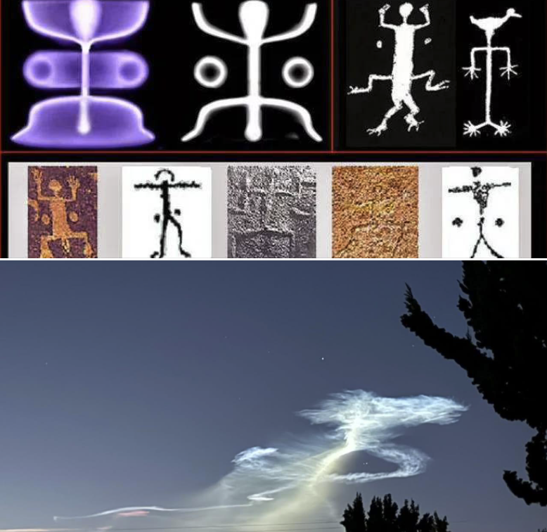 TheMAGAMission's tweet photo. Correct, but you missed the big plasma charge over CA 2 days after the fires! 

Top left, plasma charge under microcope, top right cave drawings found in the southwest US

Bottom, pics from 2 days after fire, people in Southern California were here on X asking what they saw, they saw squatting man! 

Most of the hieroglypics were things people saw in the sky during pole excurstions.