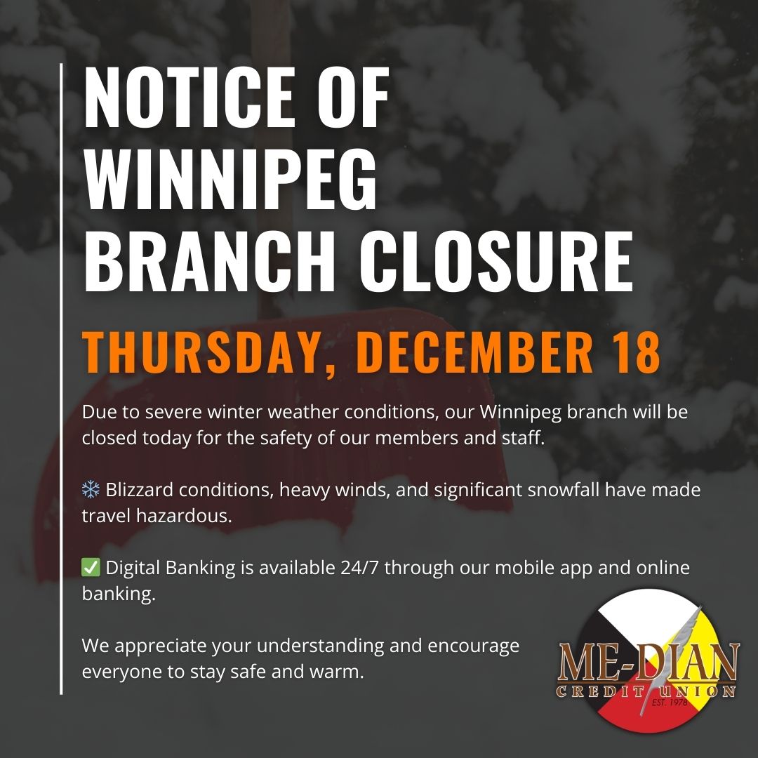 MedianCU's tweet photo. UPDATE: Our Winnipeg branch will remain closed, but our Grand Rapids branch will be open for regular business hours.

NOTICE OF BRANCH CLOSURES - THURSDAY, DECEMBER 18, 2025.

Due to severe winter weather conditions, our Winnipeg branch will be closed today. https://t.co/VzZIegZdOf