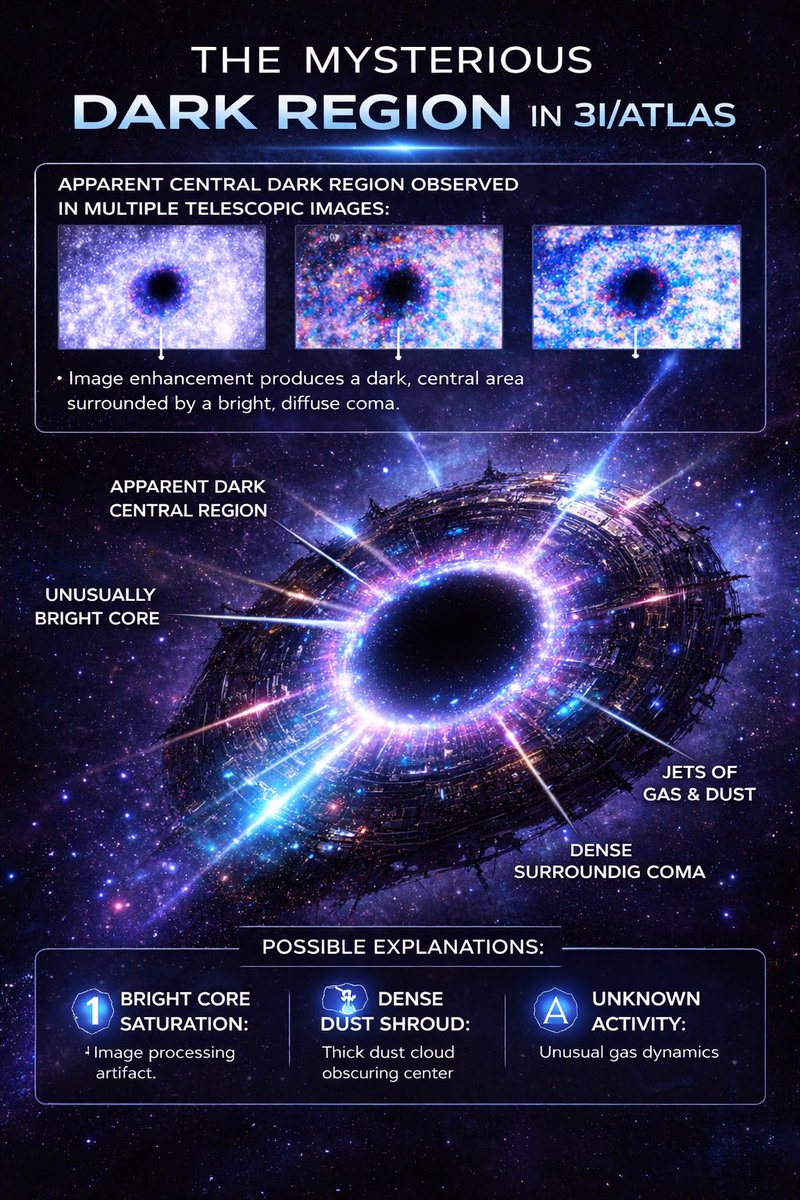 bkseatpassenger's tweet photo. 🚨 3I/ATLAS Just Dropped the BIGGEST Anomaly Yet! 🚨

NO COMET HAS EVER HAD THIS!

1/ Raw images from multiple telescopes show a perfect dark central void with a glowing ring around it like a black hole in the comet’s heart.

This points to the object being hollow 👀

Proof 👇

#3IATLAS #3IATLASExposed #SPACE #Ufox