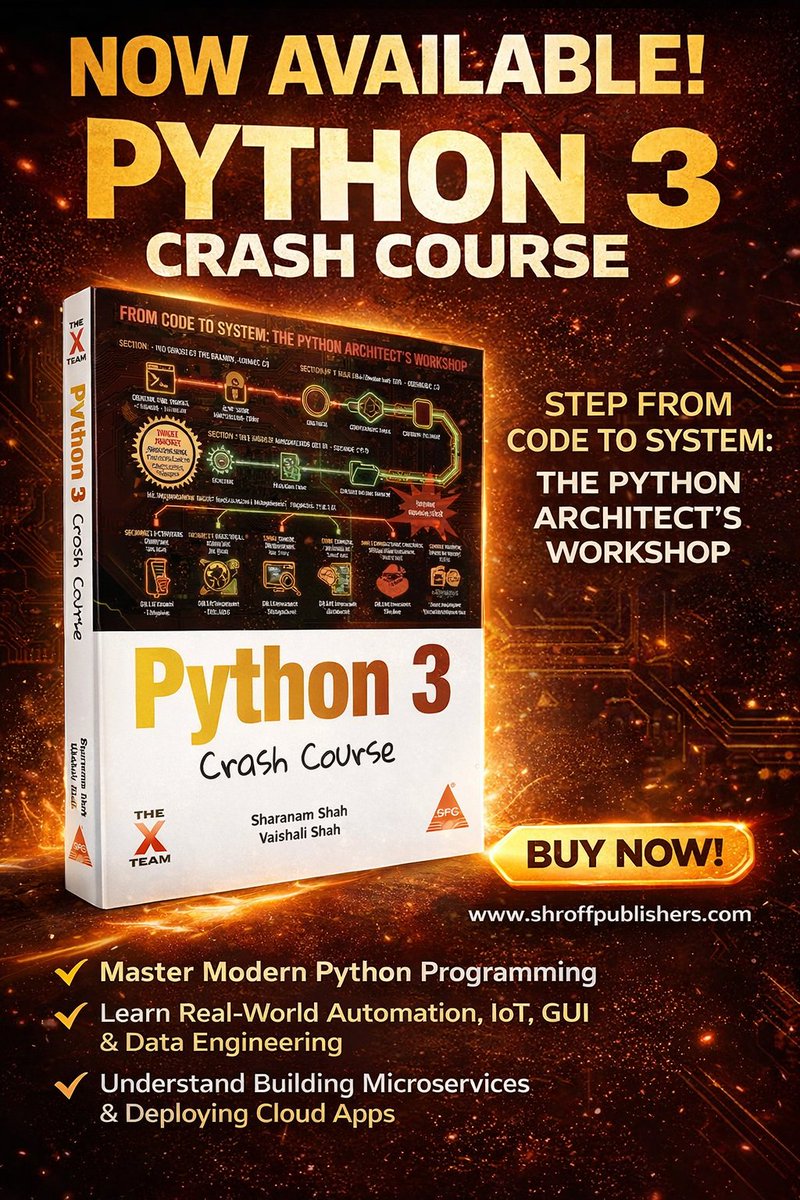 shroffpub's tweet image. 🚀 Level up your Python &amp;amp; AI skills with Python 3 Crash Course by @explorewithsher  &amp;amp; Vaishali Shah. 
From fundamentals to full‑stack apps, microservices, games, &amp;amp; PyTorch‑driven AI projects all in one, workshop style guide. 
 Get it now shroffpublishers.com/books/97893680…
#Python3 #PyTorch