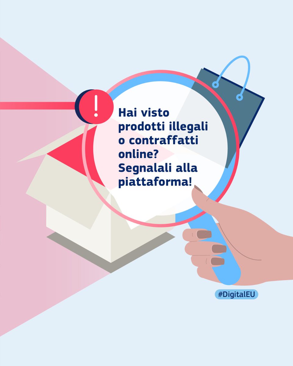AGCOMunica's tweet photo. 🛒Il 77% degli utenti dell'UE acquista online. Ma con la crescita dell'e-commerce, arrivano anche i rischi: negozi falsi, prodotti contraffatti e truffe sono in aumento.

🚩Hai notato qualcosa di sospetto? Segnalalo alle piattaforme grazie al #DSA: https://t.co/P8jT9hdoqj https://t.co/BXjaCCZUDd