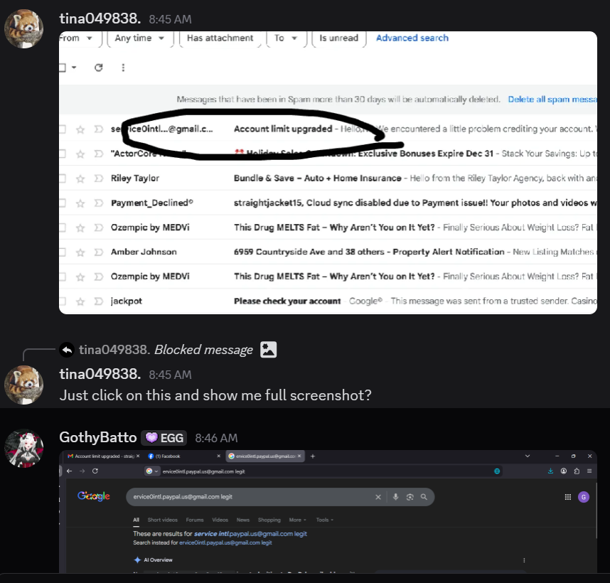 GothyBatto's tweet photo. if this person tries to contact you, be aware they are a scammer. screenshots included for evidence. Be safe out there artists and graphic designers. #fakepaypal #scammer #artscam #dontgetrippedoff #suspicious #spamemail #paypalscam https://t.co/7xByH0Rj4z