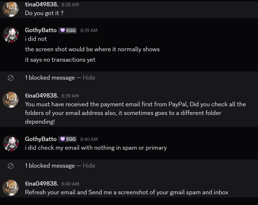 GothyBatto's tweet photo. if this person tries to contact you, be aware they are a scammer. screenshots included for evidence. Be safe out there artists and graphic designers. #fakepaypal #scammer #artscam #dontgetrippedoff #suspicious #spamemail #paypalscam https://t.co/7xByH0Rj4z