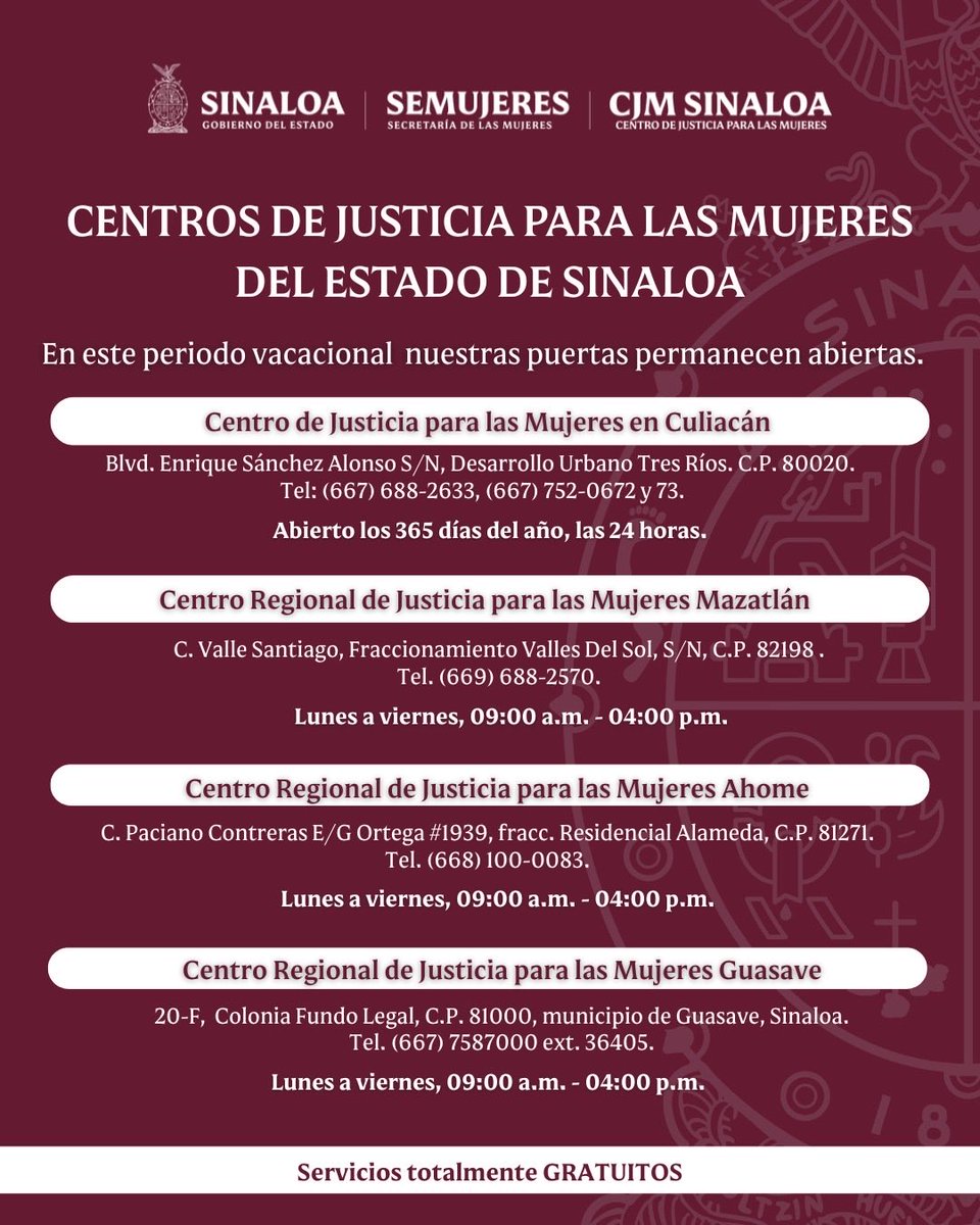 En este periodo vacacional nuestras puertas permanecerán abiertas.

Atención gratuita!

Recuerda, si vives alguna situación de violencia o sientes que tu integridad esta en riesgo, acude a los CJM o marca a la Línea de Emergencia 9-1-1.