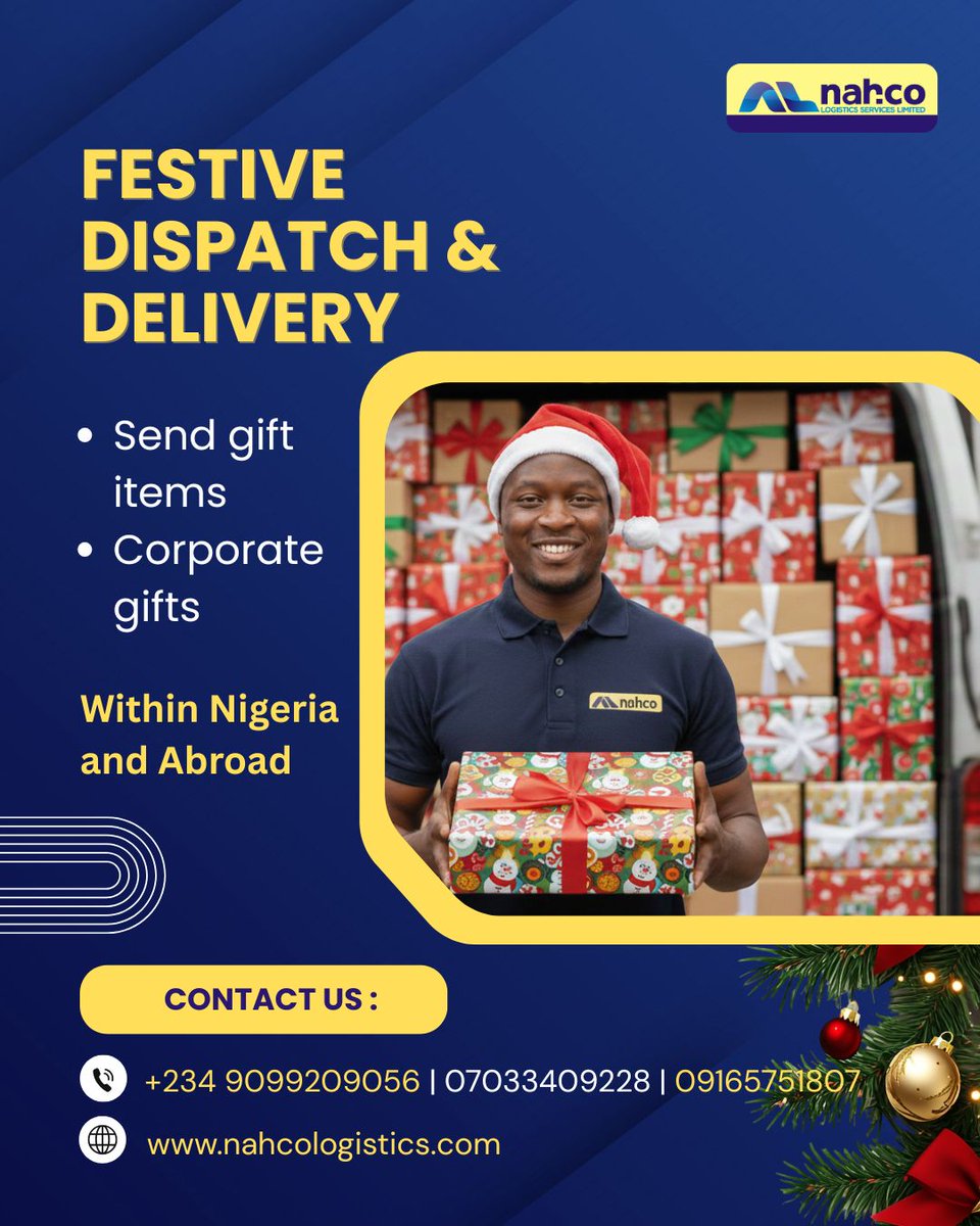 nahcologistics's tweet photo. Make this festive season count. 🎁
Dispatch and delivery of gift items and corporate gifts within Nigeria and abroad
Contact us now to book your delivery.
09099209056
https://t.co/nygEMzDBeh
#FestiveDelivery #CorporateGifts #GiftDelivery #Logistics #SeasonOfGiving https://t.co/DCAstDzNlj