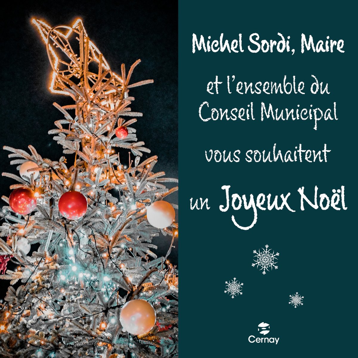 VilledeCernay's tweet image. Michel SORDI, Maire et l’ensemble des membres du Conseil Municipal vous souhaitent de très belles fêtes de Noël. Que la magie de Noël brille dans les cœurs de chacune et chacun d’entre vous ! #cernay