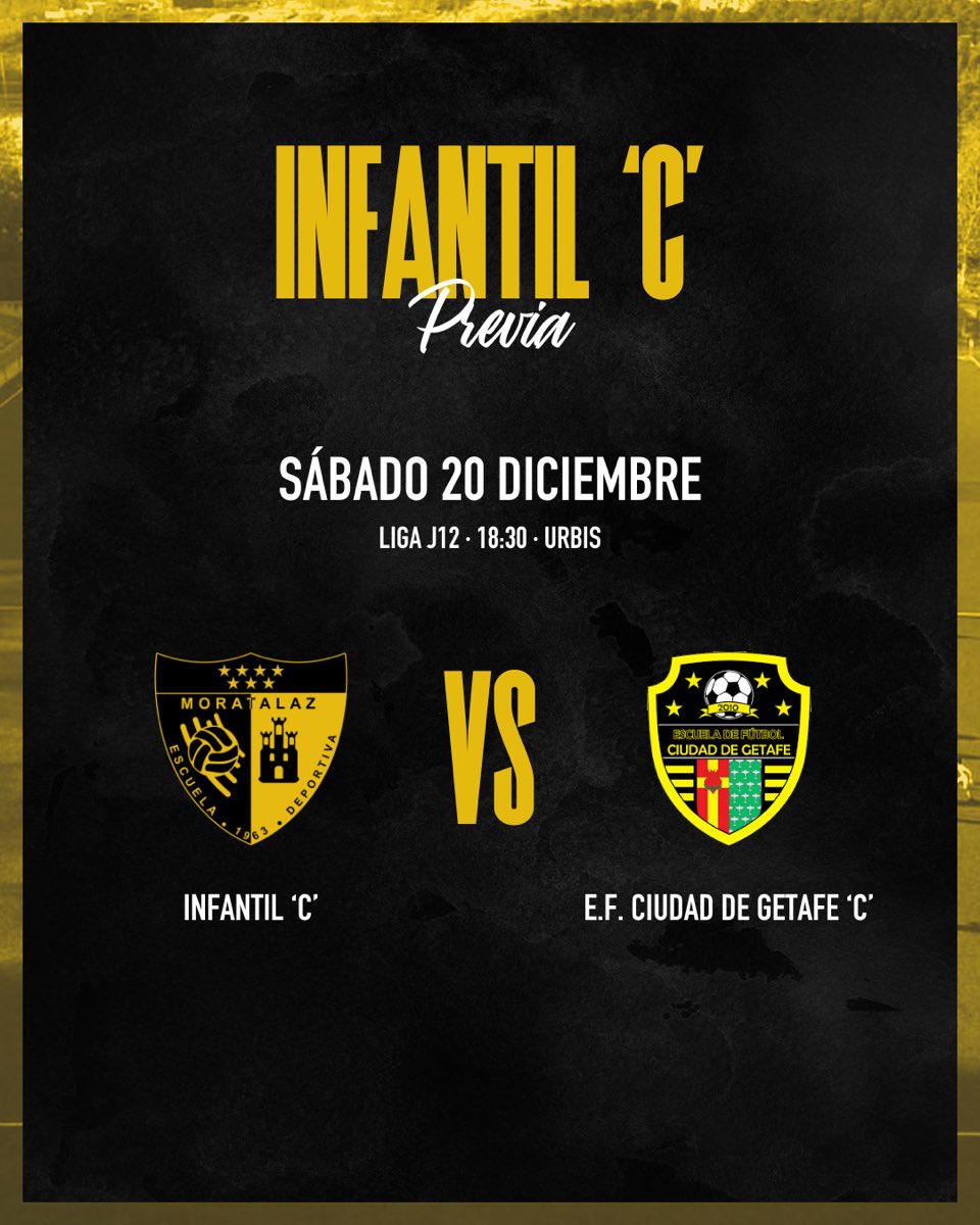 PREVIA: Infantil “C" 🆚 ED Ciudad de Getafe “C” 🖤💛💪🏽

📆 Sábado 20 de diciembre
🕒 18:30 horas  
📍Urbis 

#VamosMorata