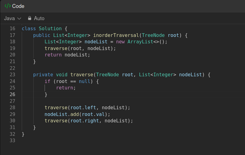 Pranjul07_'s tweet photo. " Trying to improve the previous self. "

#Day22 of #100DaysOfCode
Prob no. - 94. Binary Tree Inorder Traversal.

@java
#programming #dodailycode #dailycode https://t.co/ggv4gG94vE
