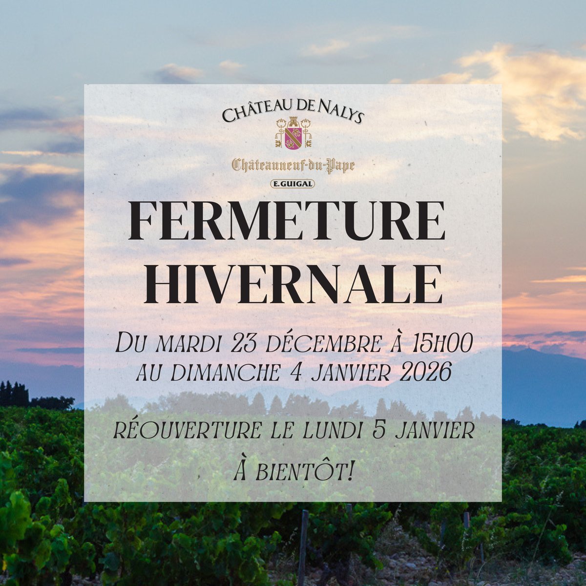 Nos caves seront fermées du 23 décembre (15h00) au 04 janvier 2026 inclus. Nous vous souhaitons d’excellentes fêtes de fin d’année !

Our  cellars will be closed from December 23rd (03:00 pm) to January 4th, 2026 included. We wish you a merry Christmas and a prosperous New Year !