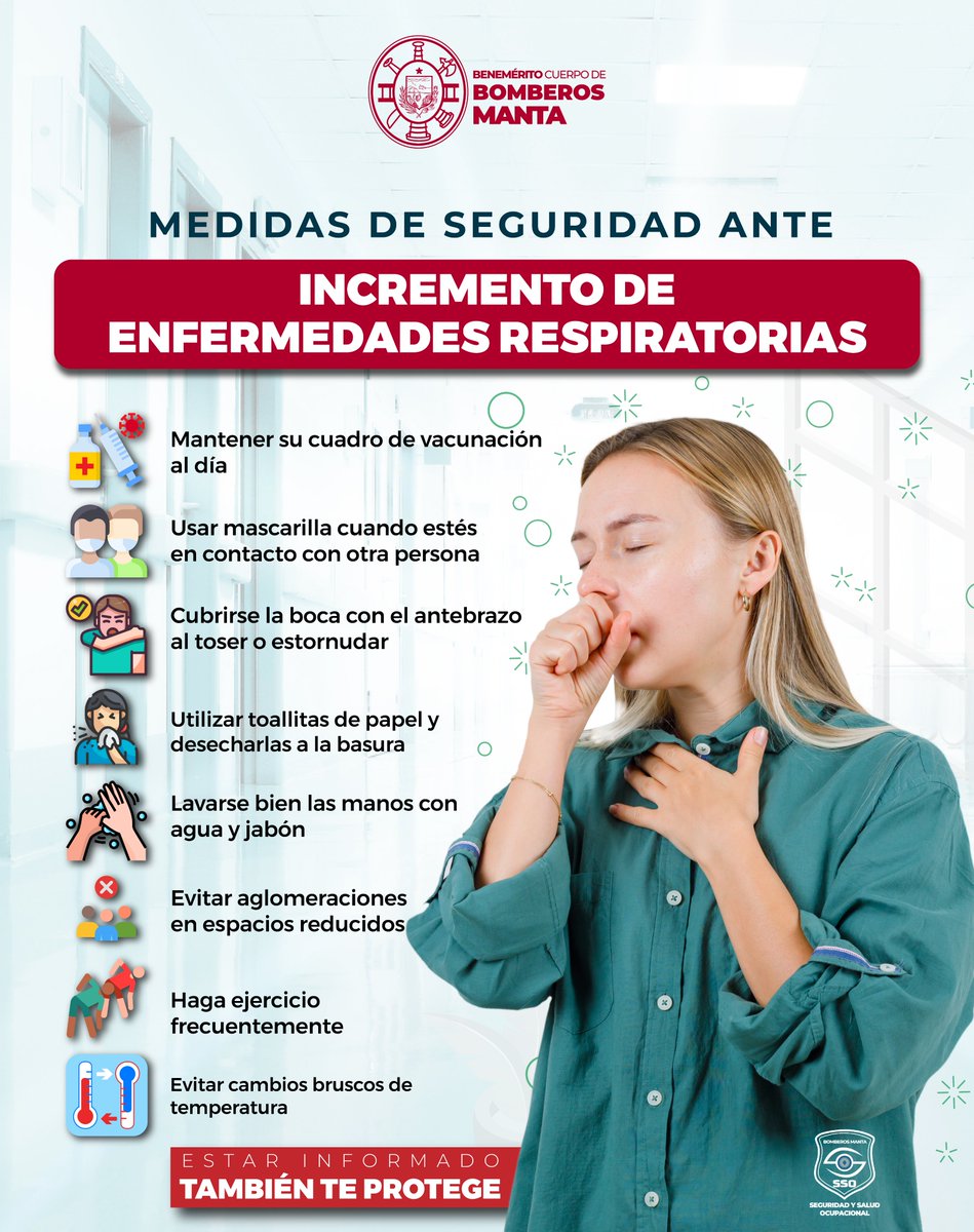 #Prevención
Las medidas preventivas personales como el lavado de manos, cubrirse al toser o estornudar y quedarse en casa en caso de fiebre o síntomas de malestar general, continúan siendo fundamentales para limitar la transmisión de enfermedades respiratorias
#SSO
#BomberosManta