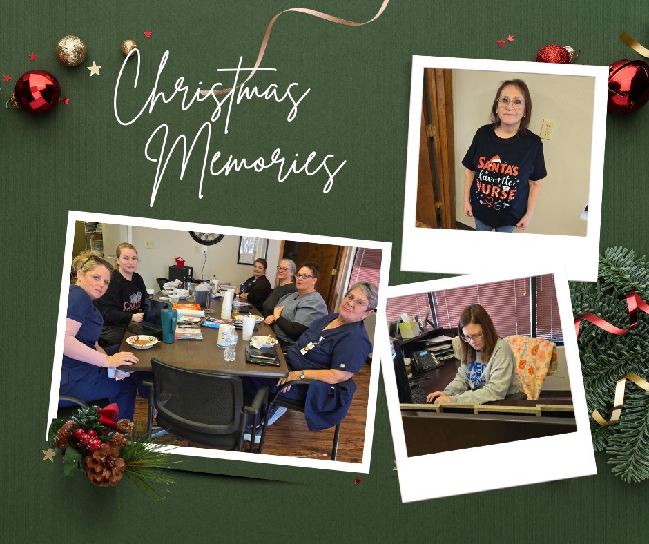 Our Vinita, OK, team combined Christmas lunch with case conference! 🎄 RN DO Connie Yates (upper right) proclaimed herself Santa's Favorite Nurse, while AA Kathrine Robinson (lower right) got back to work before the group pic was taken.

#holidayfun #funatwork #tistheseason