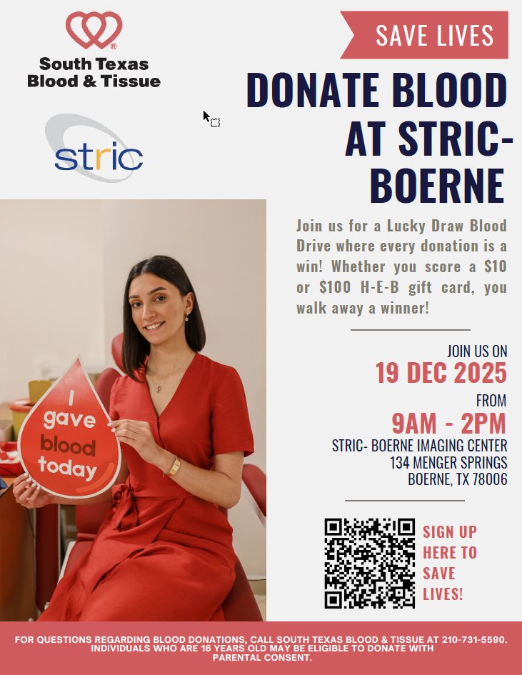 STRICMammogram's tweet photo. Reminder....tomorrow, December 19th, 9 am - 2 pm, is the South Texas Blood &amp; Tissue blood drive being held at our  Boerne Imaging Center, 134 Menger Springs, Boerne, TX 78006. https://t.co/P3ydfqyxQM