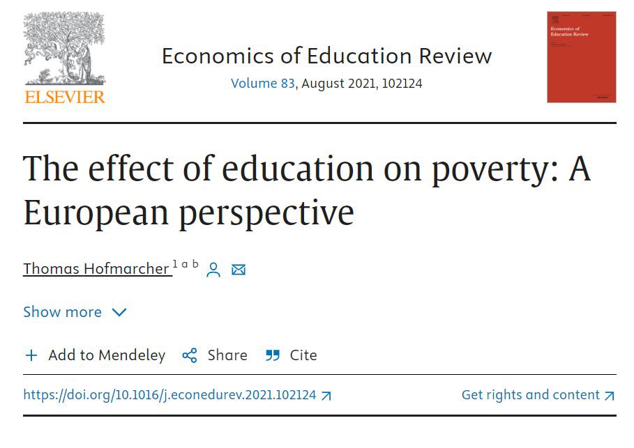 La educación reduce significativamente la pobreza en Europa. Usando reformas educativas en 32 países como instrumentos, halla que un año adicional de educación disminuye tanto la pobreza objetiva como la subjetiva sciencedirect.com/science/articl…