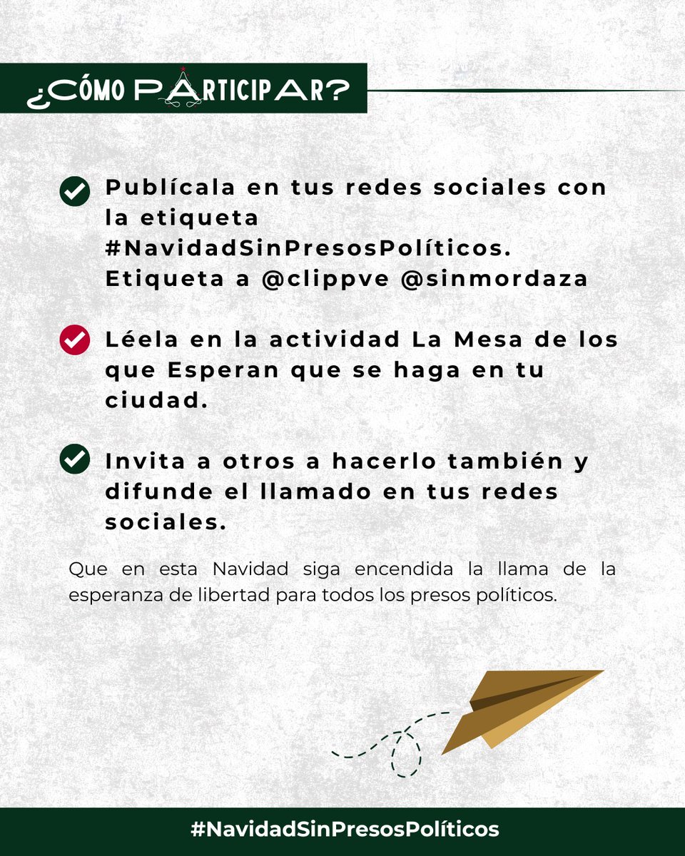 ✉️ Cartas de la Esperanza | #NavidadSinPresosPolíticos

Esta Navidad, más de 1.000 familias venezolanas viven la ausencia injusta de un ser querido privado de libertad por motivos políticos.

Por eso te invitamos a sumarte a Cartas de la Esperanza, una iniciativa para escribir