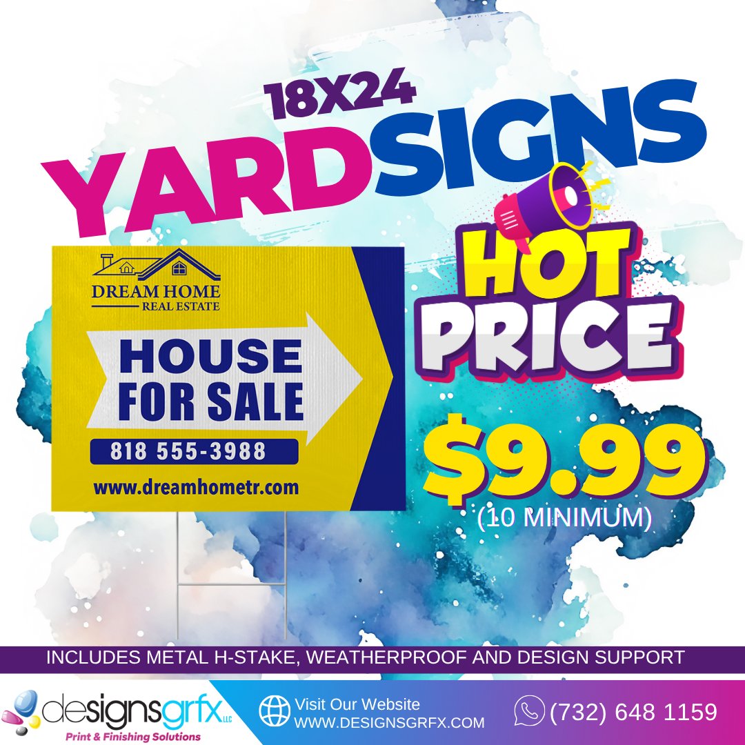 designsgrfx's tweet image. 🔥18x24 Yard Signs ONLY $9.99! Perfect for realtors, contractors, events, promotions, and local businesses. Includes metal H-stake, weatherproof material, and FREE design support. #YardSigns #RealEstateSigns #ForSaleSign #CustomSigns #PrintShop #MarketingMaterials #OutdoorSigns