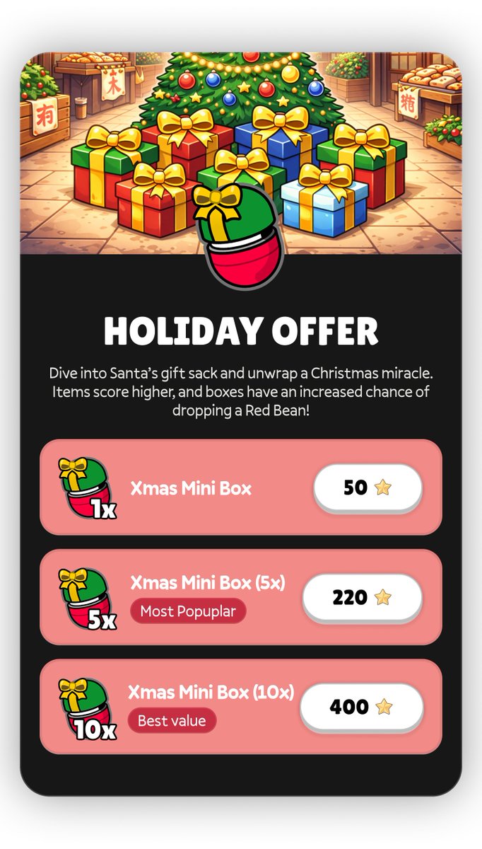 ☃️ LAST CHANCE!

Come get your Xmas Boxes – containing funky festive merch or maybe, just maybe... a Red Bean! 👀

🎄 t.me/AzukiEscapeBot