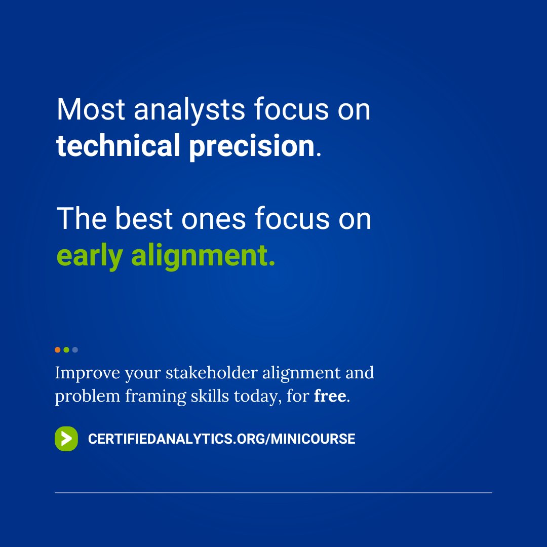 Which analyst gets promoted faster?

A: Spends 3 weeks building the perfect model, then presents to stakeholders
B: Spends 3 days aligning with stakeholders, then builds the right model.

Improve your stakeholder engagement skills in this <a href="/INFORMS/">INFORMS</a> course: bit.ly/4arW85F