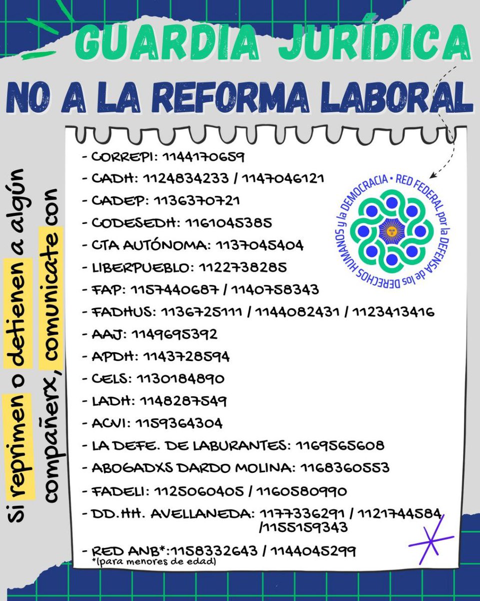 DDHHyDemocracia's tweet image. #NoALaReformaLaboral 
MOVILIZAMOS POR TRABAJO DIGNO. 
Acompañamos con la guardia juridica de la Red @DDHHyDemocracia
➡️➡️➡️